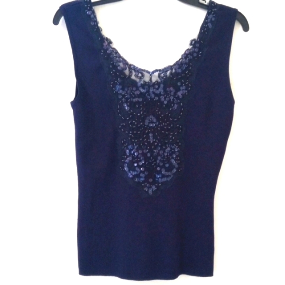 TARA RYAN NAVE BLUE SEQUIN BEADED EMBROIDERED SLEEVELESS TOP SIZE LARGE